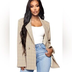 Fashion nova the big boss  taupe yellow plaid blazer siz L office career classic